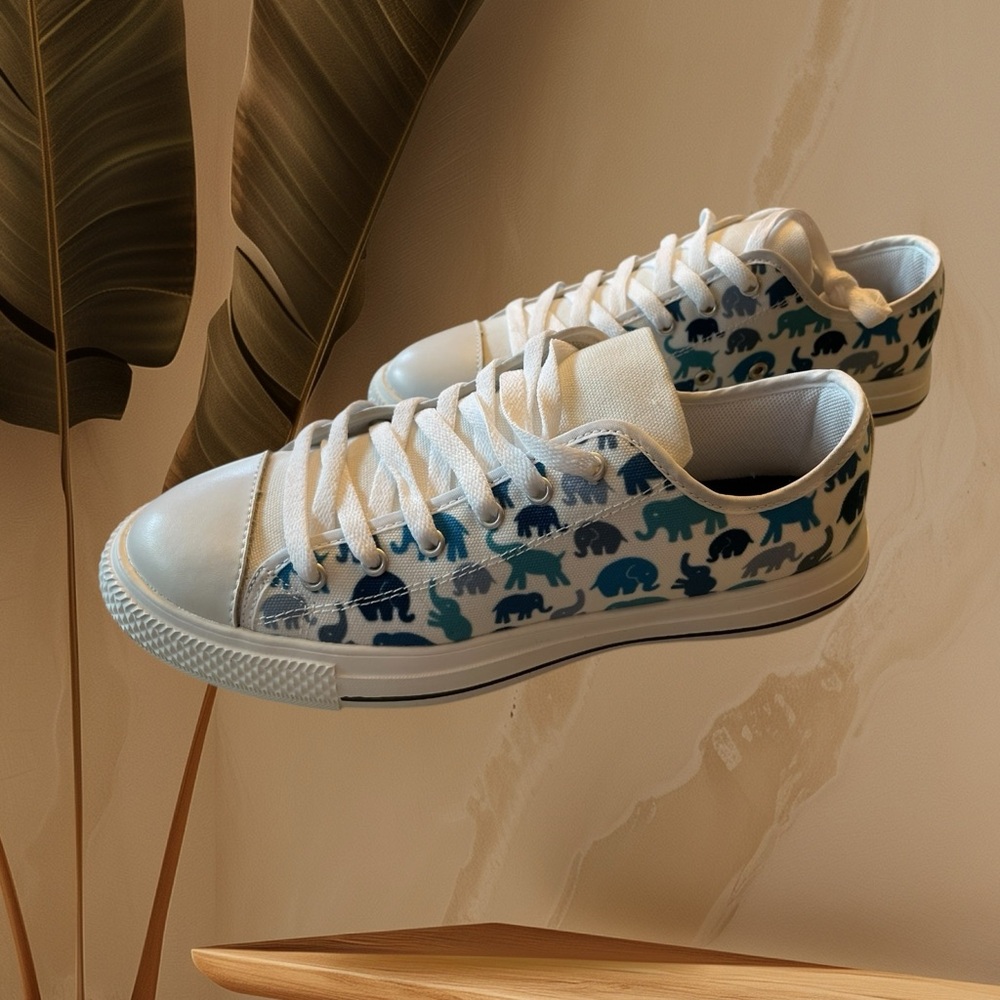 Converse White and Blue Elephant Print Athletic Shoes